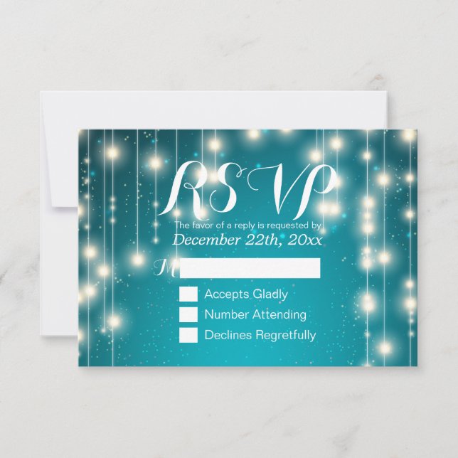 Elegant türkisfarbene String Lights Wedding RSVP A (Vorderseite)
