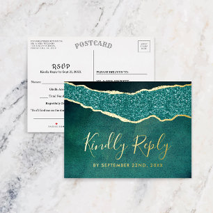 Elegant Turquoise Agate Wedding RSVP Real Folie Einladungspostkarte