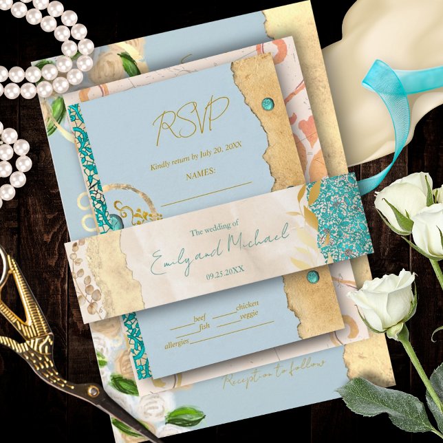 Elegant Turquoise Gold Floral Lace Wedding         Einladungsbanderole (Von Creator hochgeladen)