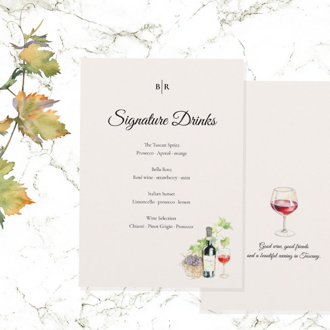 Elegant Tuscany Signature Drinks Wedding Sign Menükarte (Von Creator hochgeladen)