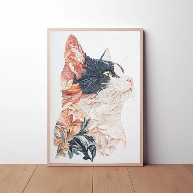 Elegant Tuxedo Cat mit Leaf Motif - Paper Art Poster (Von Creator hochgeladen)