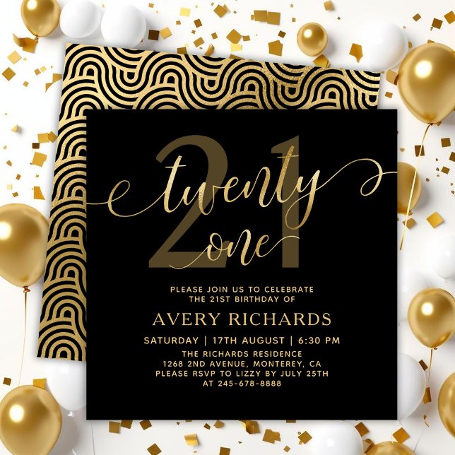 Elegant Twenty One Gold Script Black 21st Birthday Einladung (Von Creator hochgeladen)