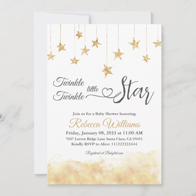 Elegant Twinkle Little Star Gold Cloud Baby Shower Einladung (Vorderseite)
