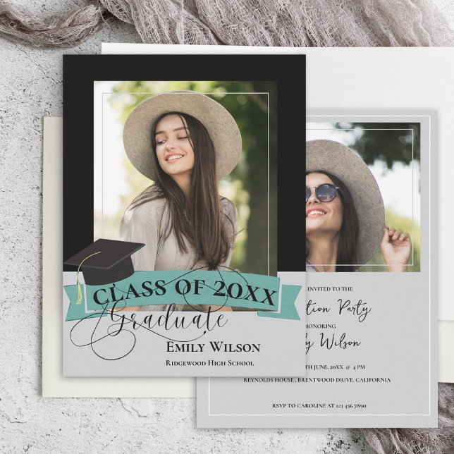 Elegant Two Foto 2025 Graduation Party Einladung Postkarte (Elegant Two Photo 2025 Graduation Party Invitation Postcard)