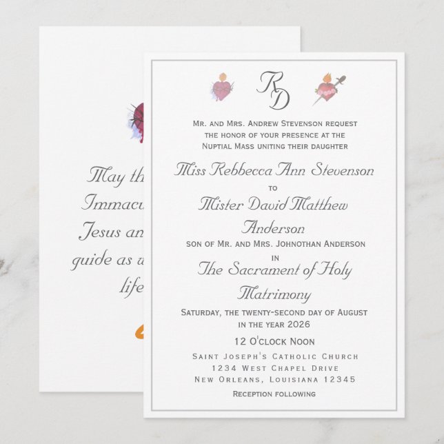 Elegant Two Hearts Catholic Wedding Invitation Einladung (Vorne/Hinten)