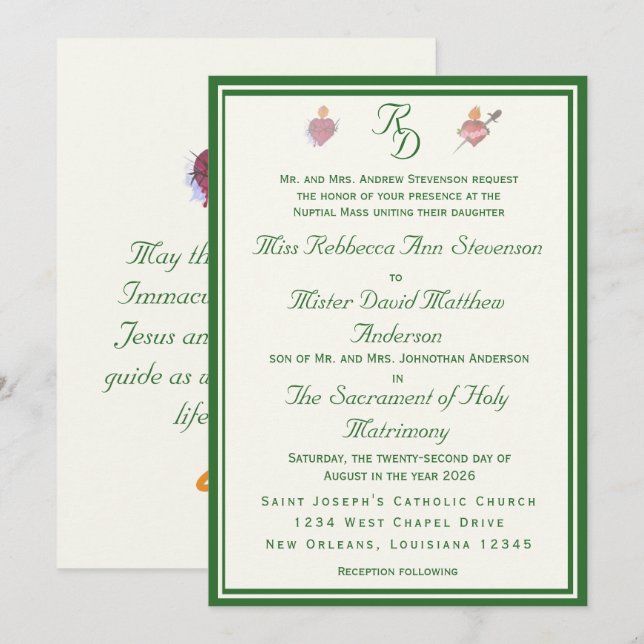 Elegant Two Hearts Catholic Wedding Invitation Einladung (Vorne/Hinten)