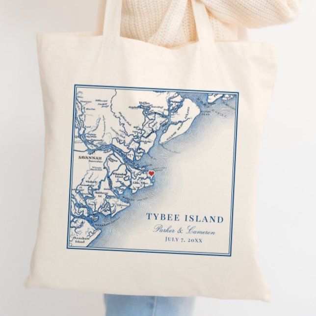Elegant Tybee Island Georgia Karte Blue Wedding Tragetasche (Tybee Island Georgia personalized wedding tote bag favor with an elegant navy blue map or Georgia)