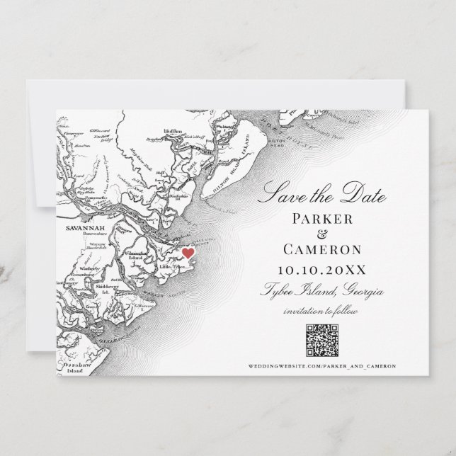 Elegant Tybee Island Georgia Map Wedding Save The Date (Vorderseite)