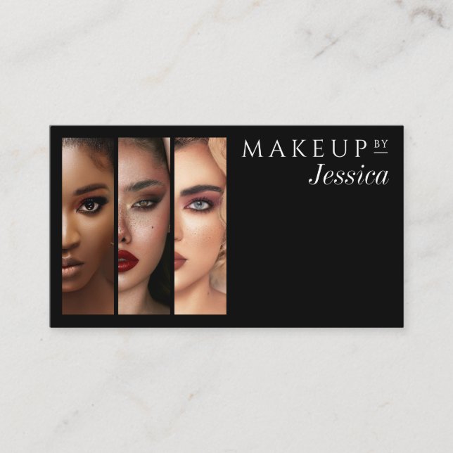 Elegant Typography Black White 3 Photo Makeup Visitenkarte (Vorderseite)