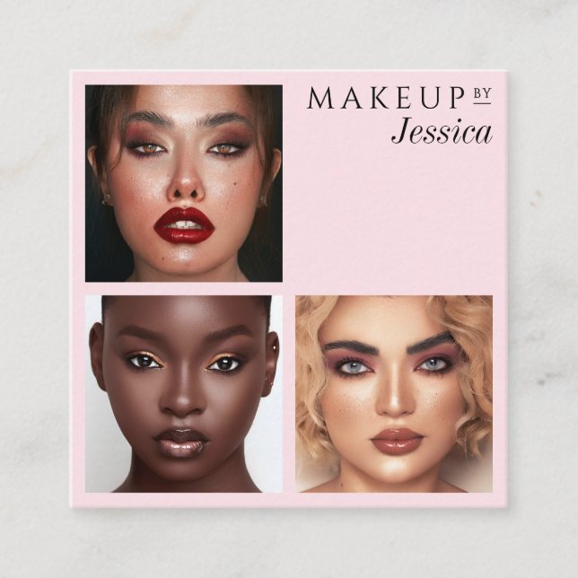 Elegant Typography Blush Pink 3 Photo Makeup Quadratische Visitenkarte (Vorderseite)