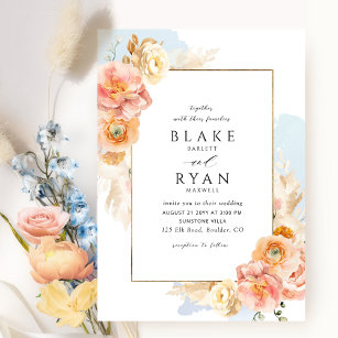 Elegant und einfach Blau, Peach und Blush Wedding Einladung