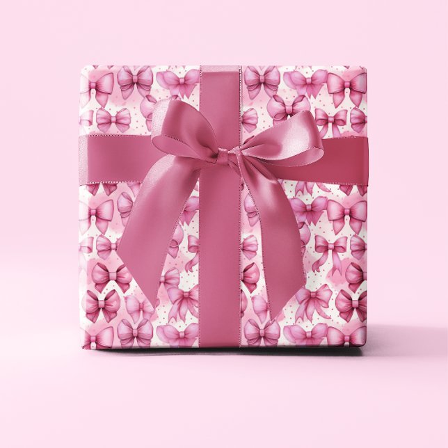 Elegant und Whimsical Pink Coquette Buben Geschenkpapier (Elegant and Whimsical Pink Coquette Bows and Ribbons with Pink Polka Dots Wrapping Paper)