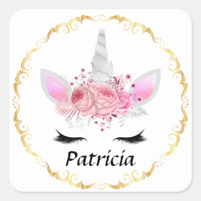 Elegant unicorn Namensaufkleber hinzufügen Quadratischer Aufkleber (Vorderseite)