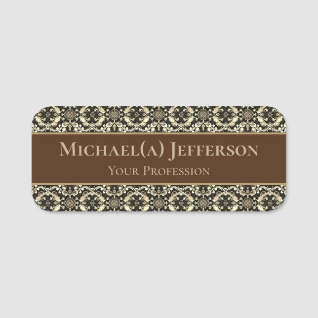 Elegant Unique Brown Baroque Vintage Style Pattern Namensschild (Vorderseite)