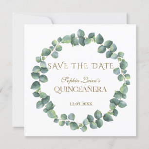 Elegant Unique Eucalyptus Foliage Gold Quinceñera Save The Date