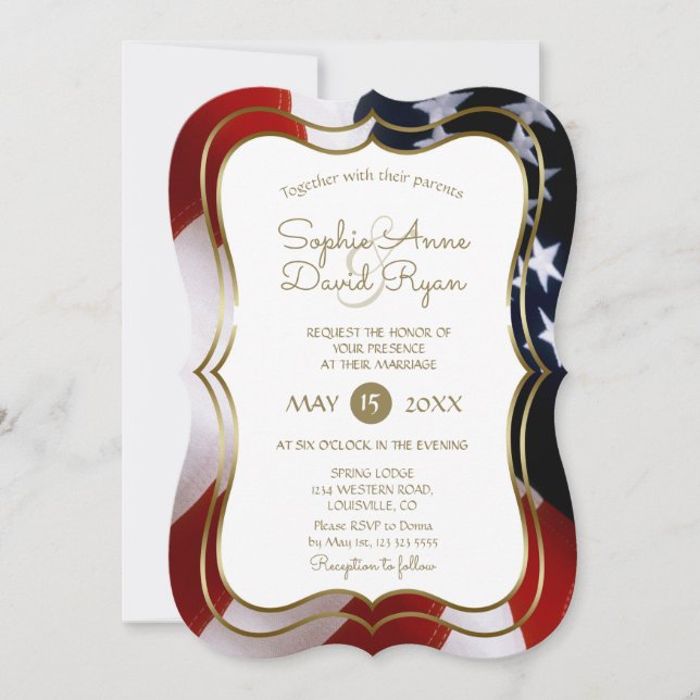 Elegant Unique USA Flag Gold Wedding Einladung (Vorderseite)