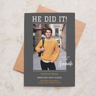 Elegant Unisex "He do it" Foto Abschluss Einladung