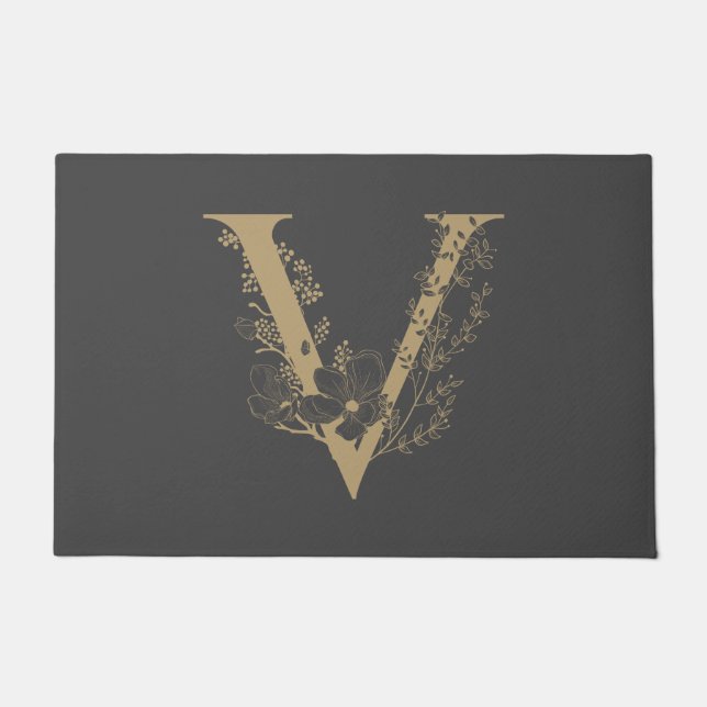 Elegant V Boho Floral Monogram Initial Gray Gold Fußmatte (Vorderseite)
