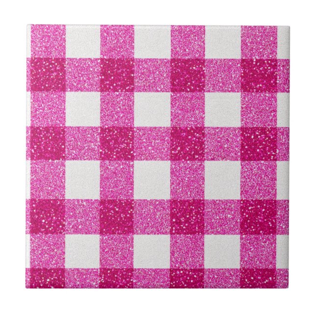 Elegant Valentine Pink Glitter Tartan on White Fliese (Vorderseite)