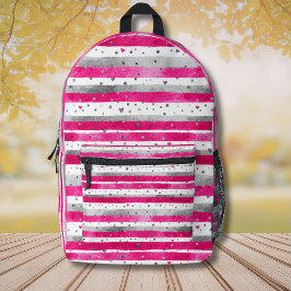 Elegant Valentine Pink Silver Hearts on Striped Bedruckter Rucksack