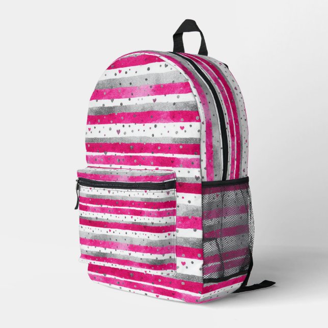 Elegant Valentine Pink Silver Hearts on Striped Bedruckter Rucksack (Rückseitige Ecke Rechts)