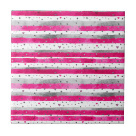 Elegant Valentine Pink Silver Hearts on Striped Fliese