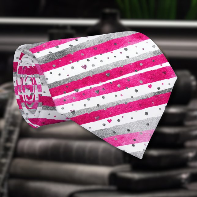 Elegant Valentine Pink Silver Hearts on Striped Krawatte (Von Creator hochgeladen)