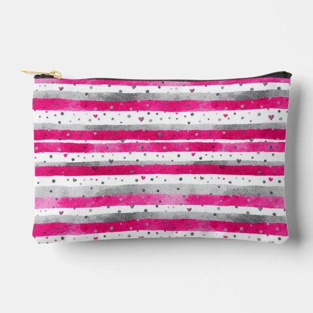 Elegant Valentine Pink Silver Hearts on Striped Zubehörtasche (Vorderseite)
