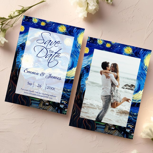 Elegant Van Gogh Starry Night Wedding Script Save The Date (Von Creator hochgeladen)