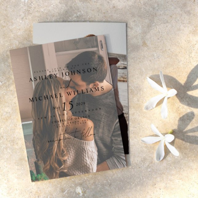 Elegant Vellum Overlay 2 Foto Hochzeit Einladung (Elegant faux vellum overlay invitation that perfectly captures the romance of your special day.)