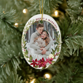 Elegant Verheiratet Merry Poinsettia Foto Weihnach Keramik Ornament