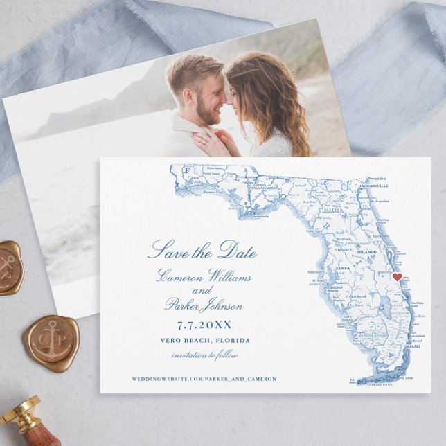 Elegant Vero Beach Florida Wedding Navy Karte (Elegant Vero Beach Florida wedding save the dates with navy blue map )