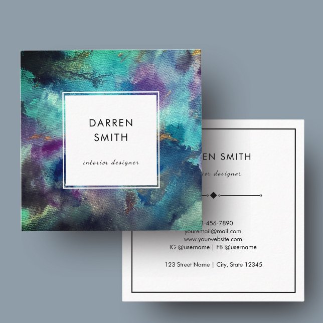 Elegant Vibrant Blue Purple Watercolor Abstract  Quadratische Visitenkarte (Modern Blue Watercolor Abstract Square Business Card)