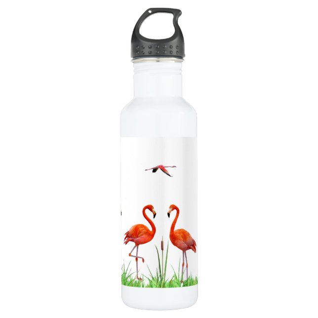 Elegant Vibrant Coral Pink Flamingos & Reed Pflanz Edelstahlflasche (Vorderseite)