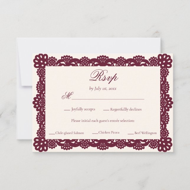 Elegant Victorian Burgundy Ivory Lace Wedding Meal RSVP Karte (Vorderseite)