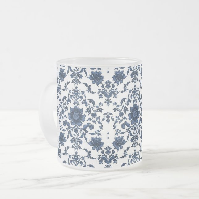 Elegant Victorian Damask Flower Pattern Navy Blue  Mattglastasse (Vorderseite Links)