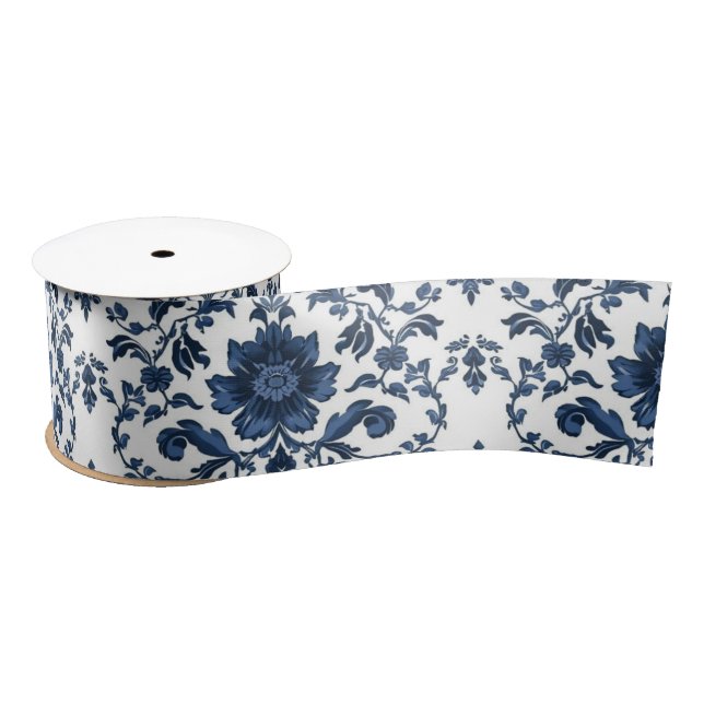 Elegant Victorian Damask Flower Pattern Navy Blue  Satinband (Spule)