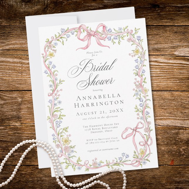 Elegant Victorian Pastel Floral Bow Bridal Shower Einladung (Elegant Victorian Pastel Floral Bow Bridal Shower Invitation)