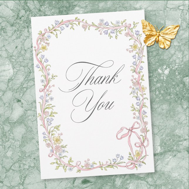 Elegant Victorian Pastel Floral Bow Wedding Dankeskarte (Elegant Victorian Pastel Floral Bow Wedding Thank You Card)