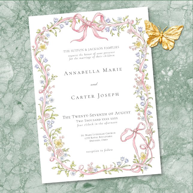 Elegant Victorian Pastel Floral Bow Wedding Einladung (Elegant Victorian Pastel Floral Bow Wedding Invitation)
