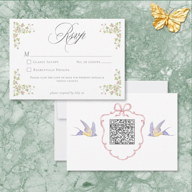Elegant Victorian Pastel Floral Bow Wedding QR RSVP Karte (Elegant Victorian Pastel Floral Bow Wedding QR RSVP Card)