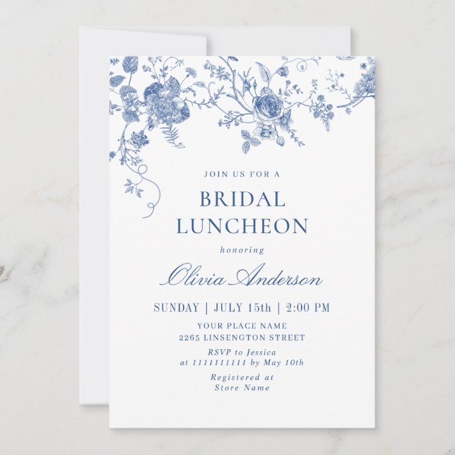 Elegant Viktorianisch Blue Floral BRIDAL LUNCHEON Einladung (Vorderseite)