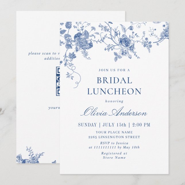 Elegant Viktorianisch Blue Floral BRIDAL LUNCHEON Einladung (Vorne/Hinten)