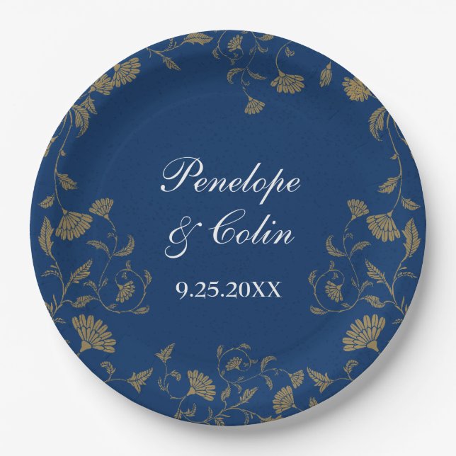 Elegant Vintag Blue Bride Groom Names Wedding Pappteller (Vorderseite)