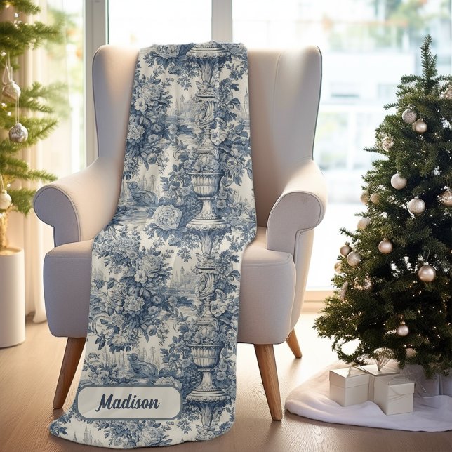 Elegant Vintag Blue Toile de jouy monogram Fleecedecke (Von Creator hochgeladen)