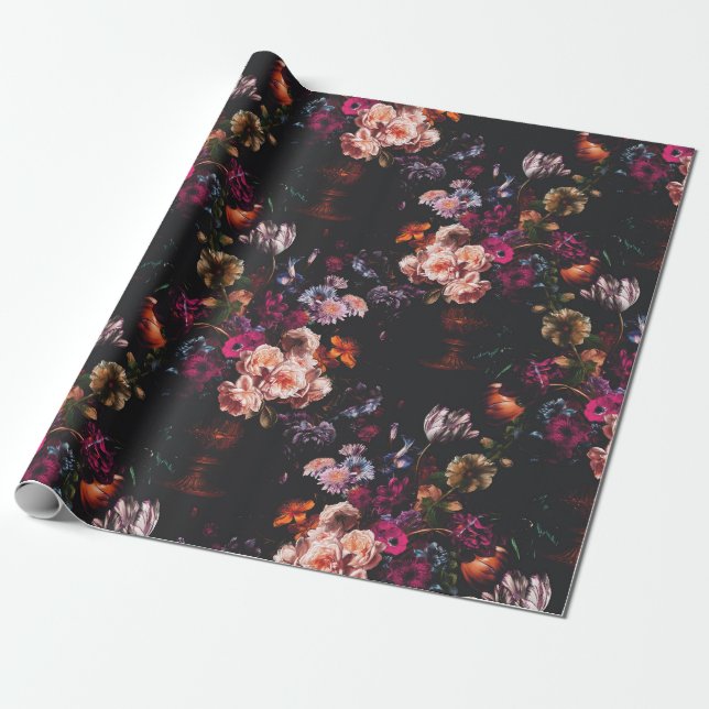 Elegant Vintag Dark Moody Burgundy Floral Geschenkpapier (Ungerollt)