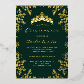 Elegant Vintag Floral Gold Emerald Quinceanera Folieneinladung