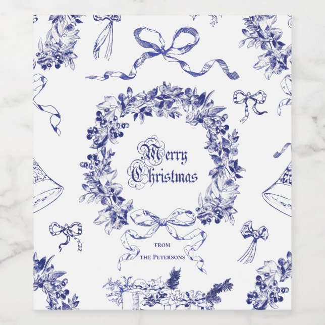 Elegant Vintag frohe Weihnachts-Blauer Kranzknaben Weinetikett (Einzelnes Label)