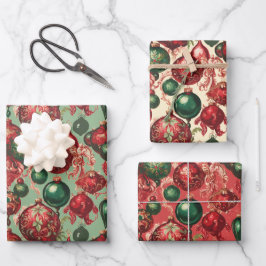 Elegant Vintag Red Green Beige Weihnachtsbaubles Geschenkpapier Set