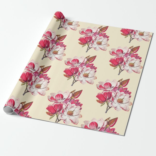 Elegant Vintag rosa Magnolia auf Beige Geschenkpapier (Ungerollt)